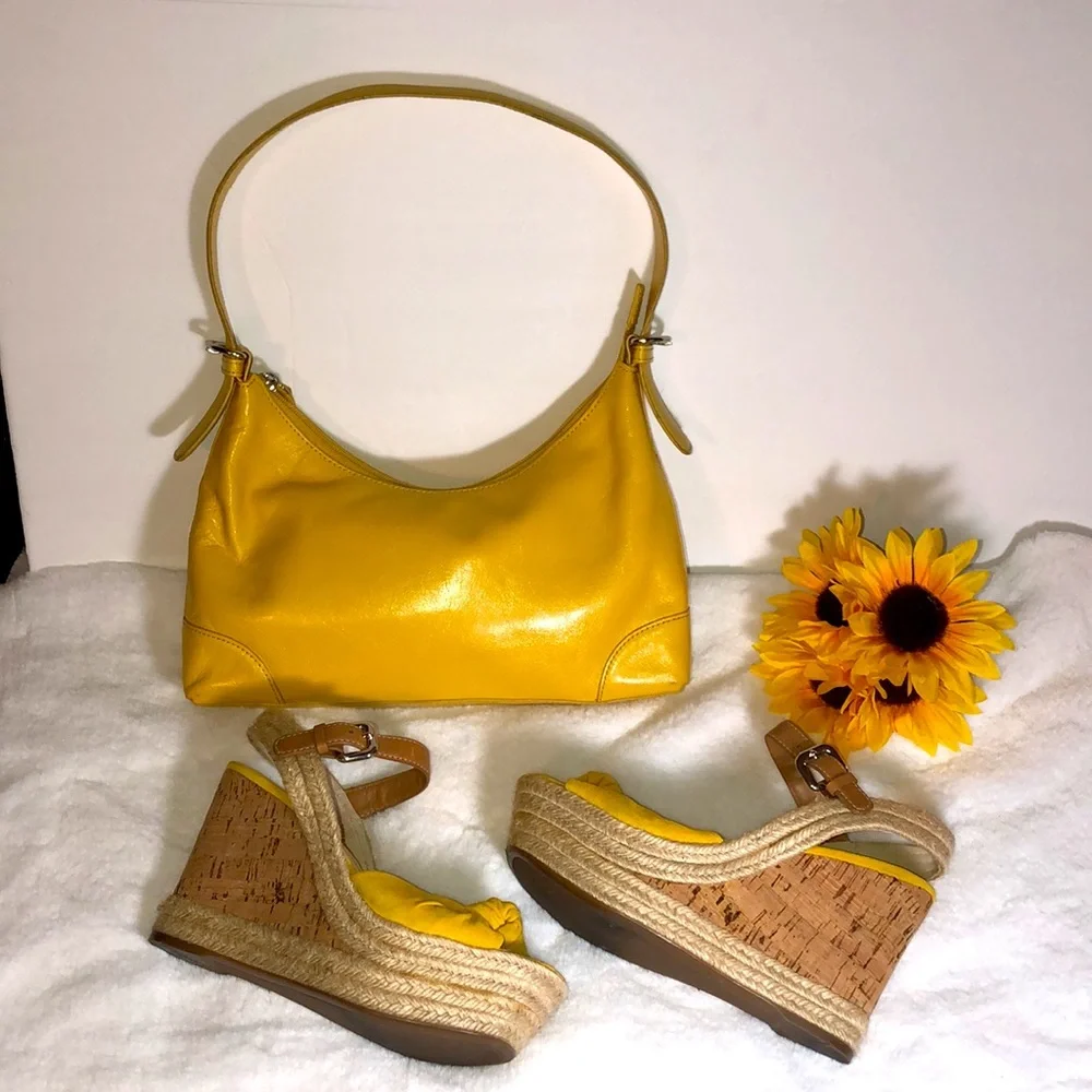 PRADA Suede Wedges & Matching Leather Purse in Sunny Butter Yellow